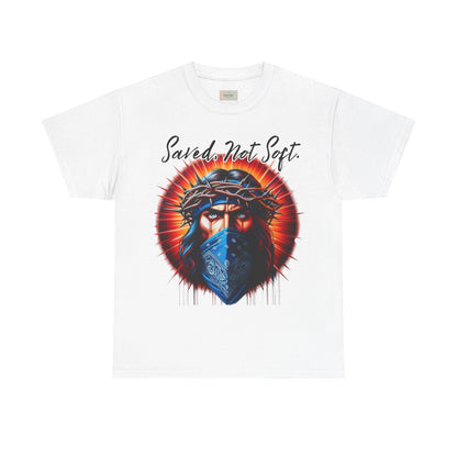 Saved Not Soft T-Shirt – Christian Graphic Tee with Jesus Face Bandana Design, Unisex Faith Apparel, Bold Inspirational Shirt for Believers