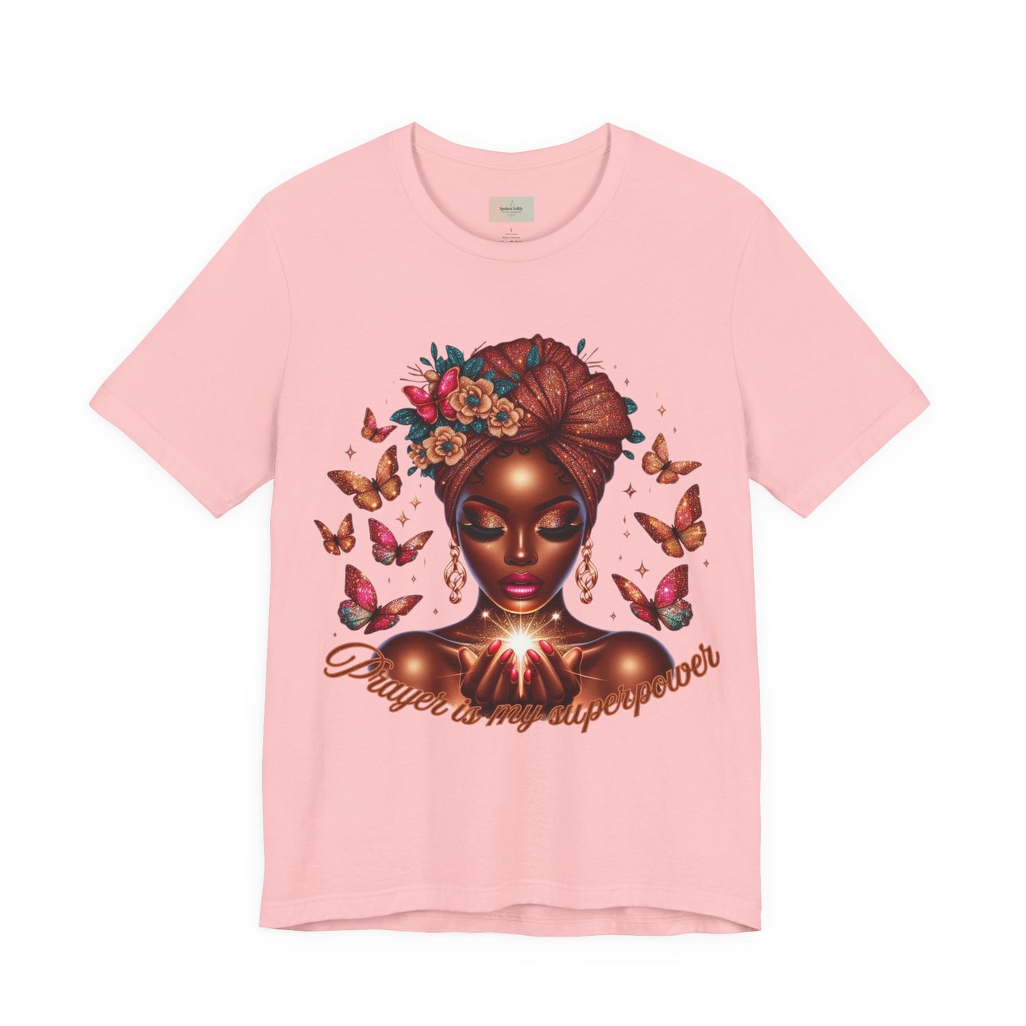 Women’s Tee — 'Prayer is my Superpower' Black Woman Graphic T‑Shirt, Butterfly Headwrap Art
