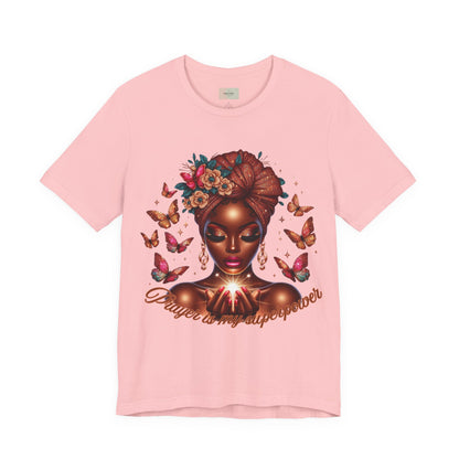 Women’s Tee — 'Prayer is my Superpower' Black Woman Graphic T‑Shirt, Butterfly Headwrap Art