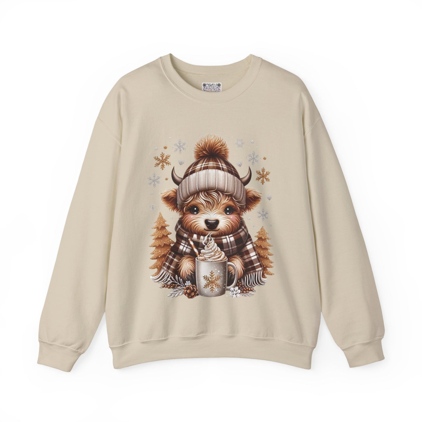 Cute Winter Cow Sweatshirt – Cozy Hot Cocoa Christmas Crewneck, Unisex Holiday Sweater, Festive Winter Animal Graphic Crewneck