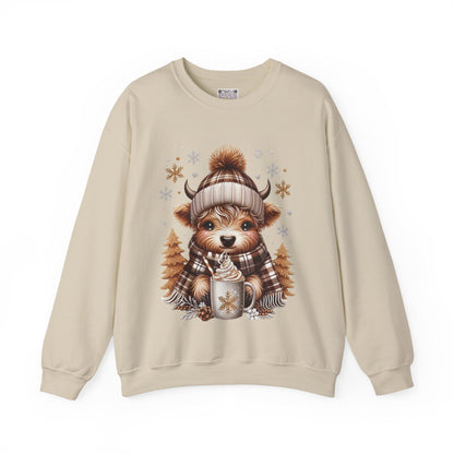 Cute Winter Cow Sweatshirt – Cozy Hot Cocoa Christmas Crewneck, Unisex Holiday Sweater, Festive Winter Animal Graphic Crewneck