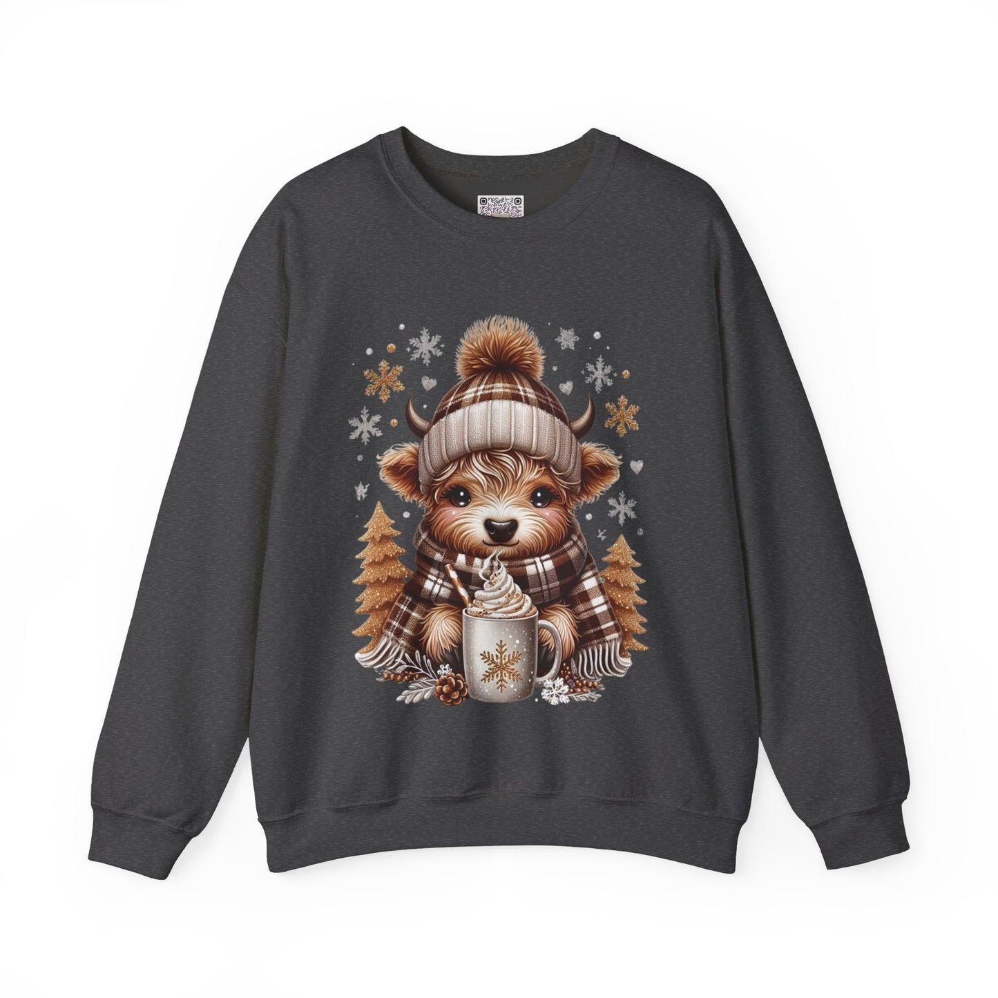 Cute Winter Cow Sweatshirt – Cozy Hot Cocoa Christmas Crewneck, Unisex Holiday Sweater, Festive Winter Animal Graphic Crewneck