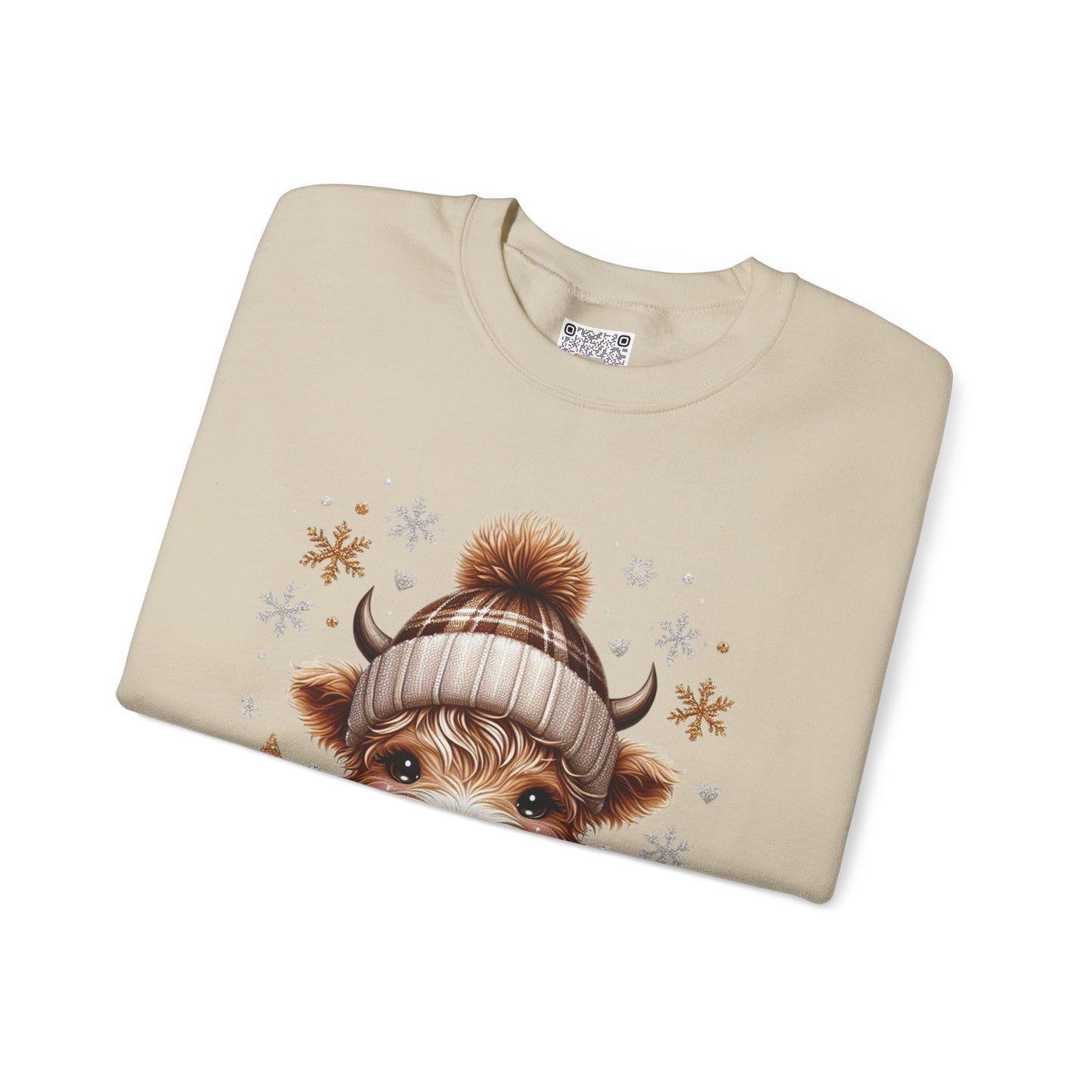 Cute Winter Cow Sweatshirt – Cozy Hot Cocoa Christmas Crewneck, Unisex Holiday Sweater, Festive Winter Animal Graphic Crewneck