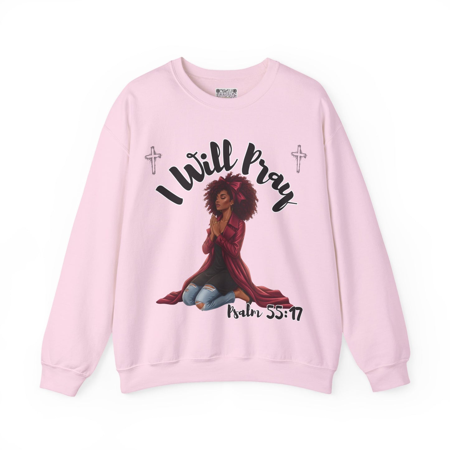 I Will Pray Psalm 55:17 Sweatshirt — Black Woman Kneeling Faith Crewneck, Inspirational Christian Apparel, Prayer Warrior Sweater, Unisex Spiritual Pullover