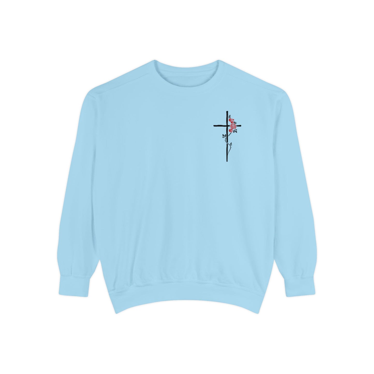 Cross & Rose Sweatshirt – Minimal Christian Faith Crewneck, Elegant Spiritual Apparel, Unisex Inspirational Sweater, Soft Everyday Comfort