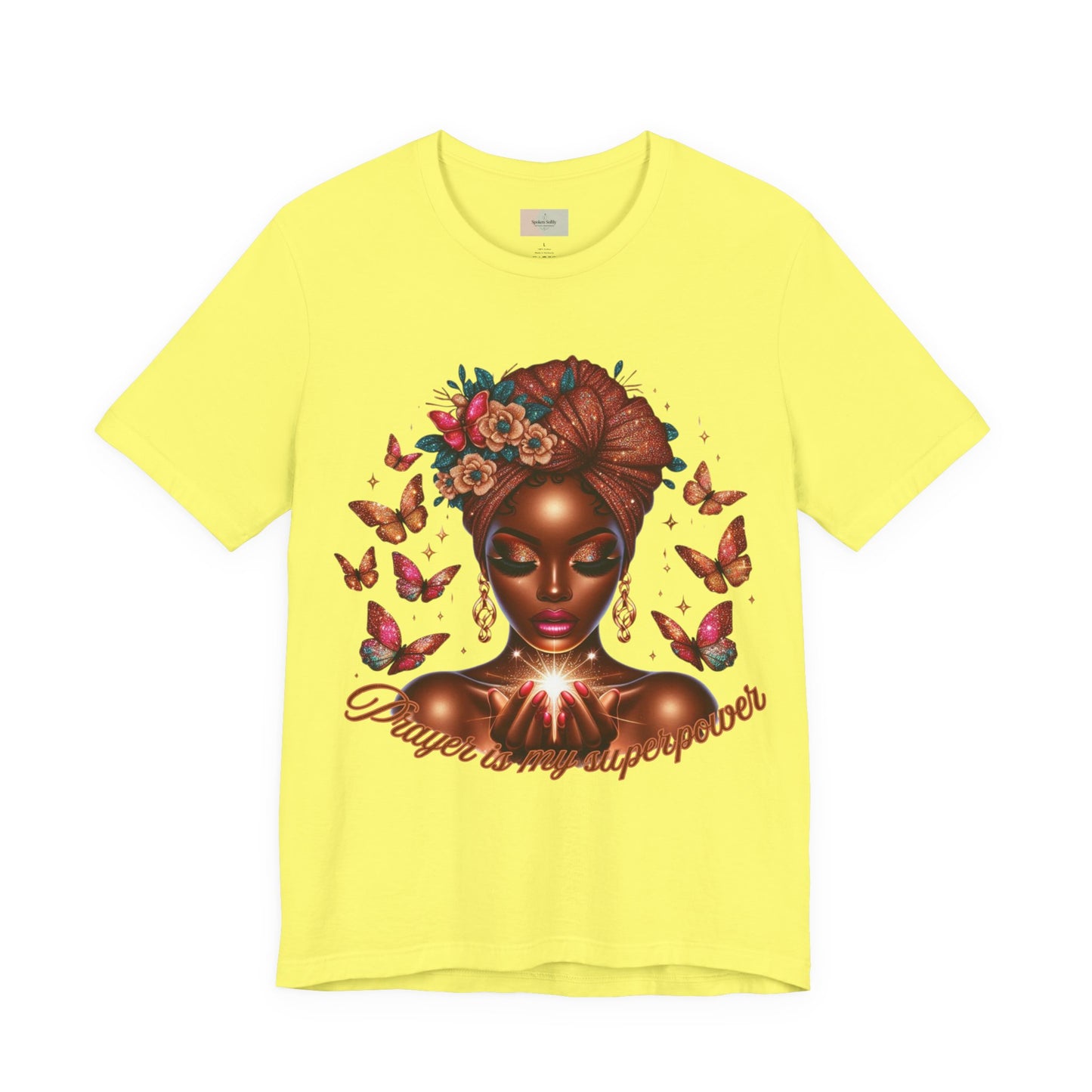 Women’s Tee — 'Prayer is my Superpower' Black Woman Graphic T‑Shirt, Butterfly Headwrap Art