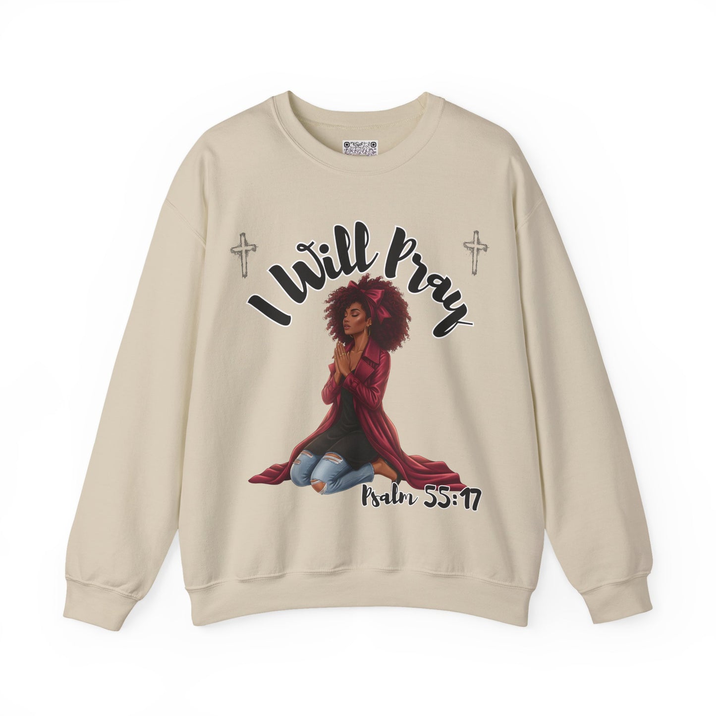 I Will Pray Psalm 55:17 Sweatshirt — Black Woman Kneeling Faith Crewneck, Inspirational Christian Apparel, Prayer Warrior Sweater, Unisex Spiritual Pullover