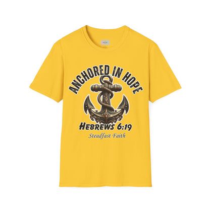Anchor in Hope T-Shirt – Hebrews 6:19 Scripture Tee, Steadfast Faith Unisex Softstyle Shirt, Inspirational Christian Apparel, Motivational Bible Verse Tee