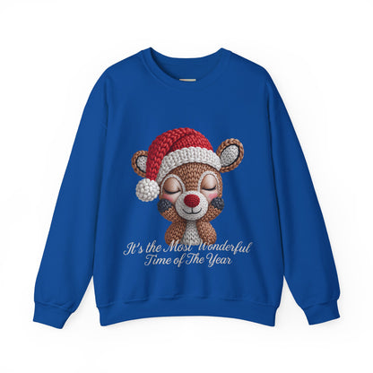 Cute Christmas Reindeer Crewneck Sweatshirt – “It’s the Most Wonderful Time of the Year” Unisex Holiday Pullover, Festive Reindeer in Santa Hat Sweater