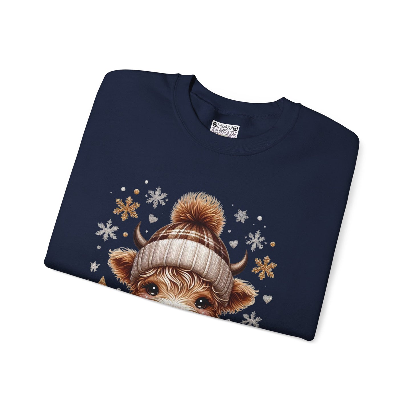 Cute Winter Cow Sweatshirt – Cozy Hot Cocoa Christmas Crewneck, Unisex Holiday Sweater, Festive Winter Animal Graphic Crewneck
