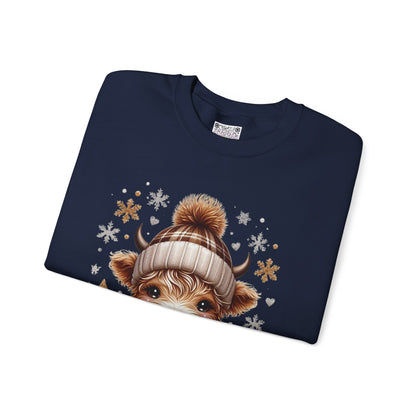 Cute Winter Cow Sweatshirt – Cozy Hot Cocoa Christmas Crewneck, Unisex Holiday Sweater, Festive Winter Animal Graphic Crewneck