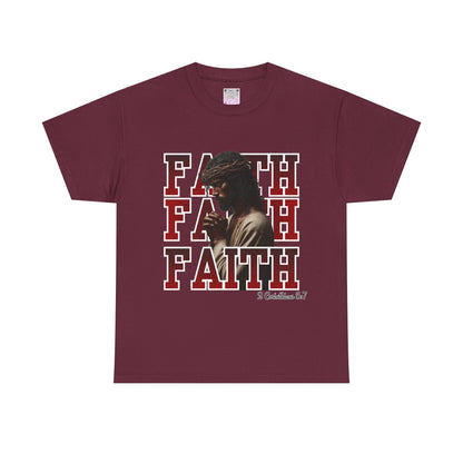Faith Prayer T-Shirt – “Faith” with Praying Jesus Graphic, 2 Corinthians 5:7 Christian Tee, Inspirational Unisex Shirt, Spiritual Apparel