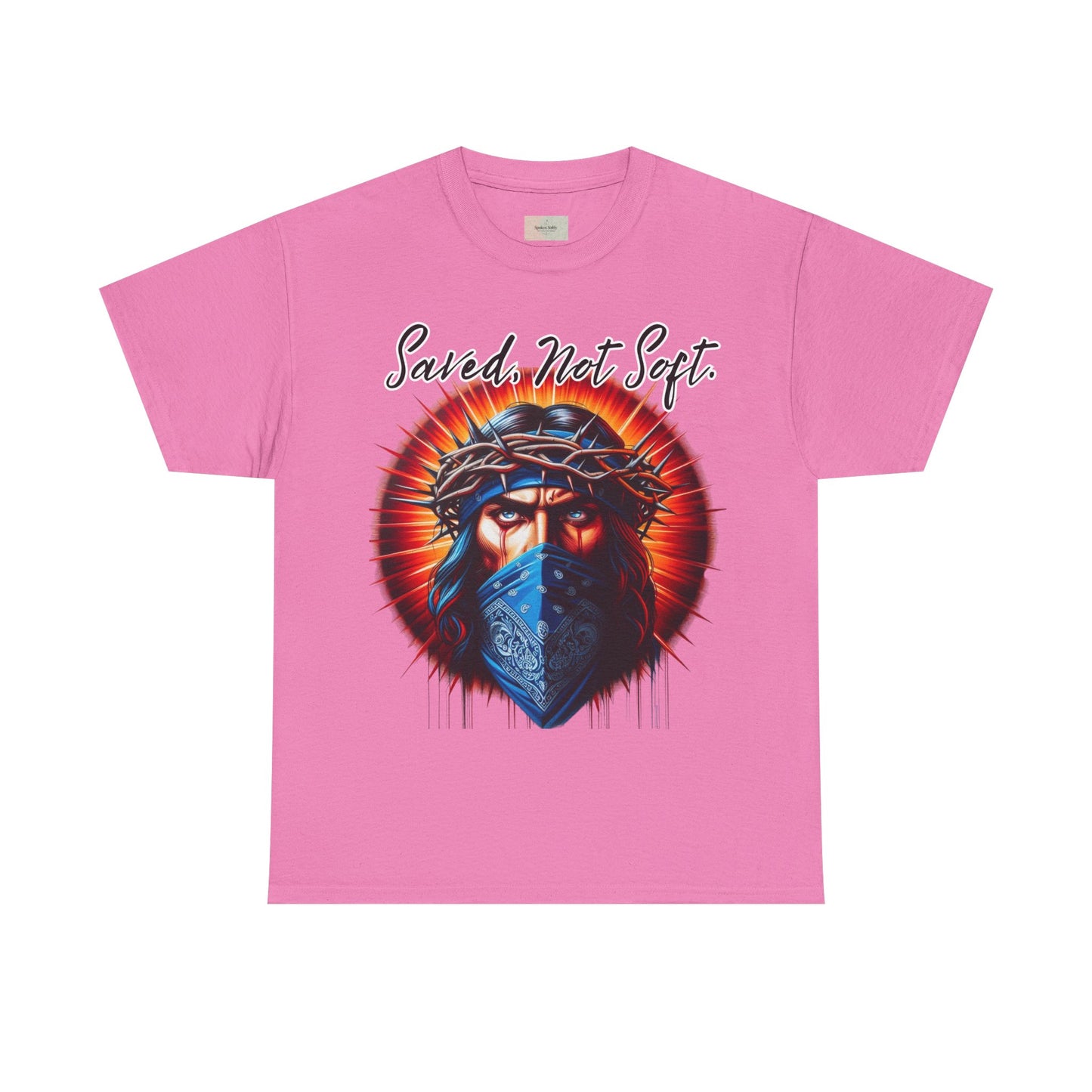 Saved Not Soft T-Shirt – Christian Graphic Tee with Jesus Face Bandana Design, Unisex Faith Apparel, Bold Inspirational Shirt for Believers