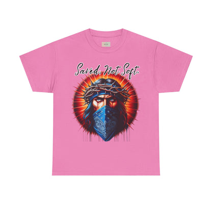 Saved Not Soft T-Shirt – Christian Graphic Tee with Jesus Face Bandana Design, Unisex Faith Apparel, Bold Inspirational Shirt for Believers