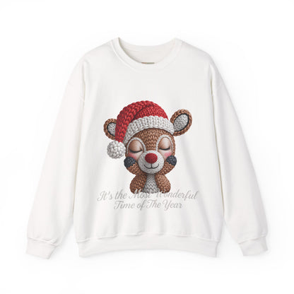 Cute Christmas Reindeer Crewneck Sweatshirt – “It’s the Most Wonderful Time of the Year” Unisex Holiday Pullover, Festive Reindeer in Santa Hat Sweater