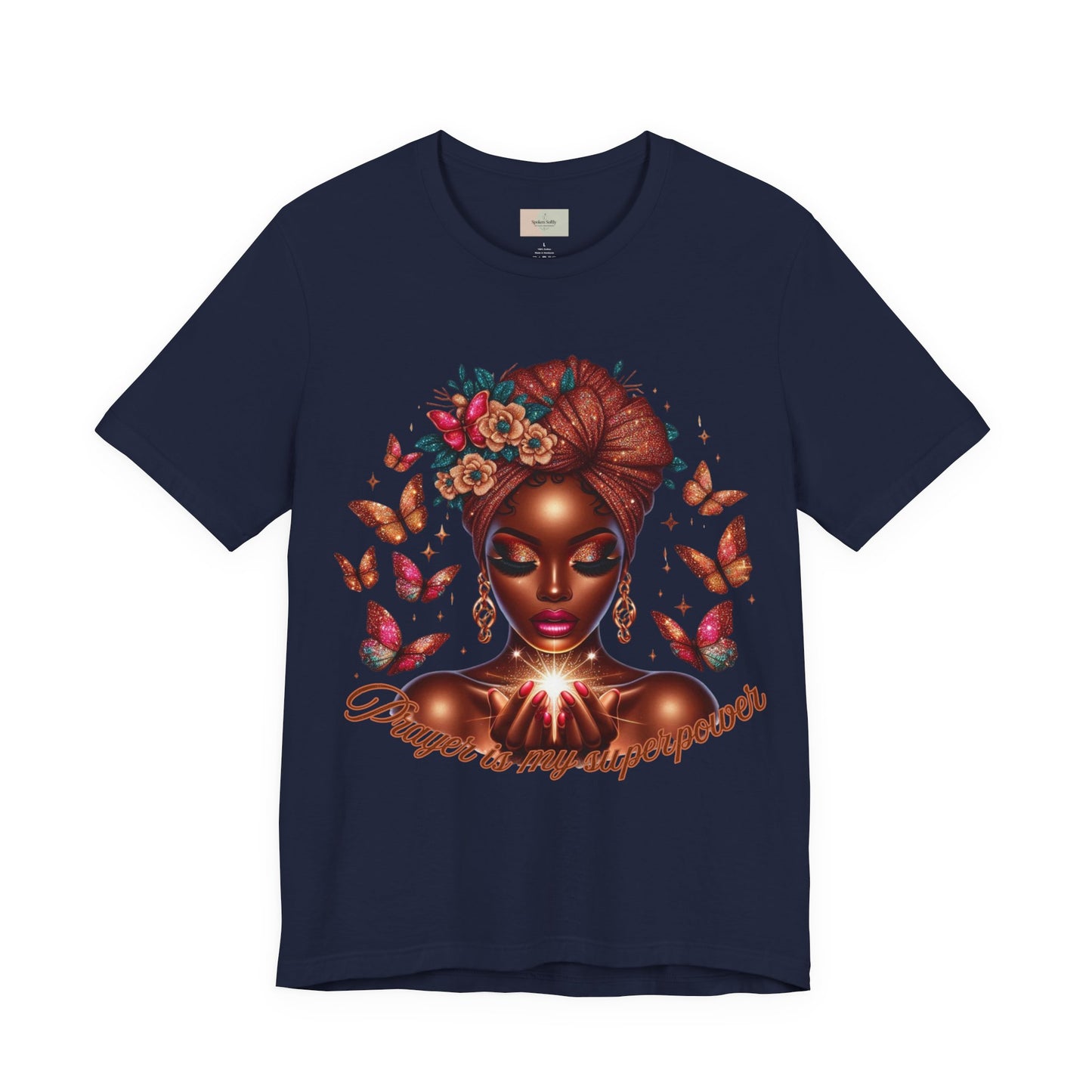 Women’s Tee — 'Prayer is my Superpower' Black Woman Graphic T‑Shirt, Butterfly Headwrap Art