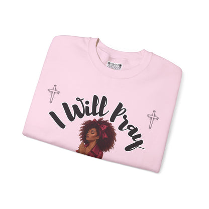 I Will Pray Psalm 55:17 Sweatshirt — Black Woman Kneeling Faith Crewneck, Inspirational Christian Apparel, Prayer Warrior Sweater, Unisex Spiritual Pullover