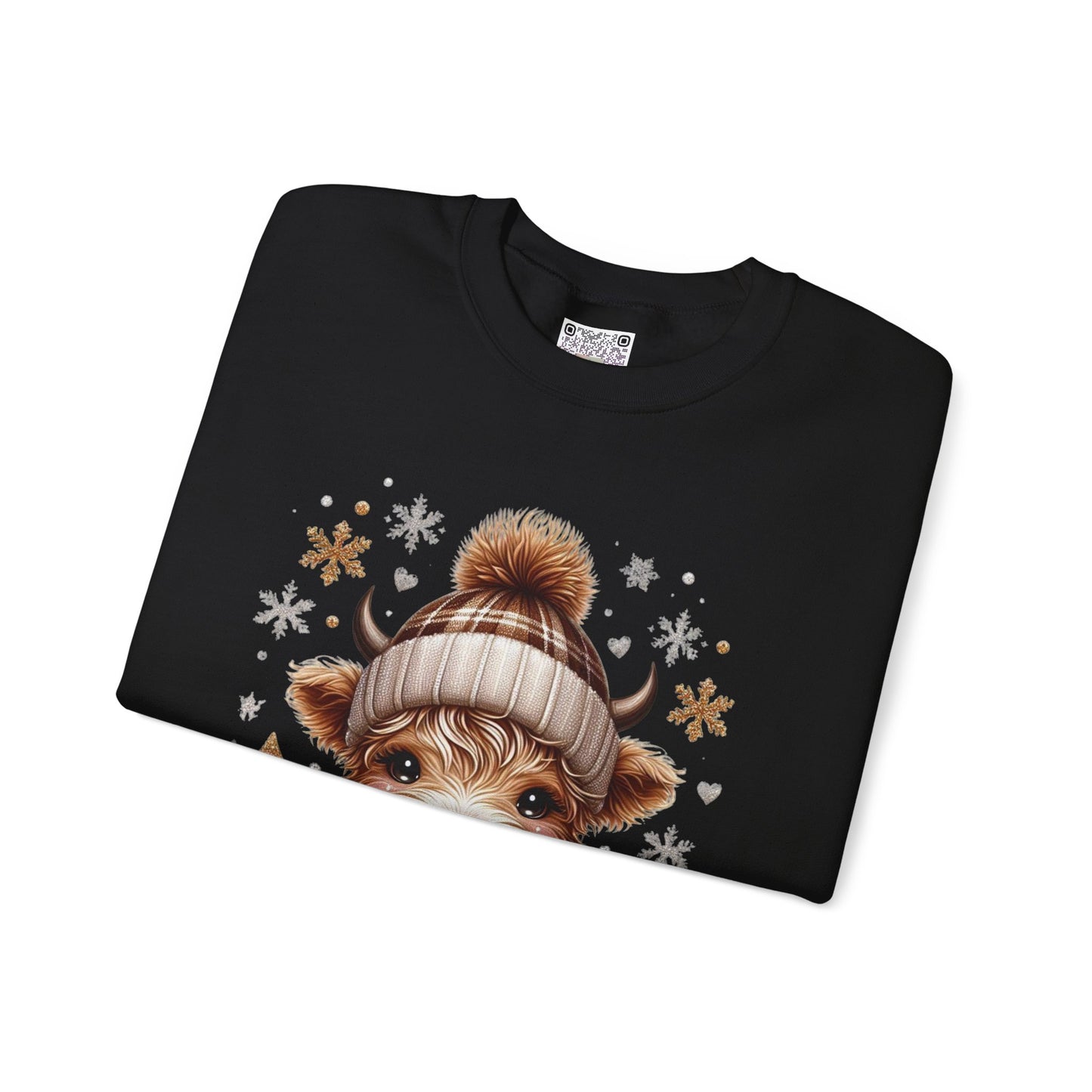 Cute Winter Cow Sweatshirt – Cozy Hot Cocoa Christmas Crewneck, Unisex Holiday Sweater, Festive Winter Animal Graphic Crewneck