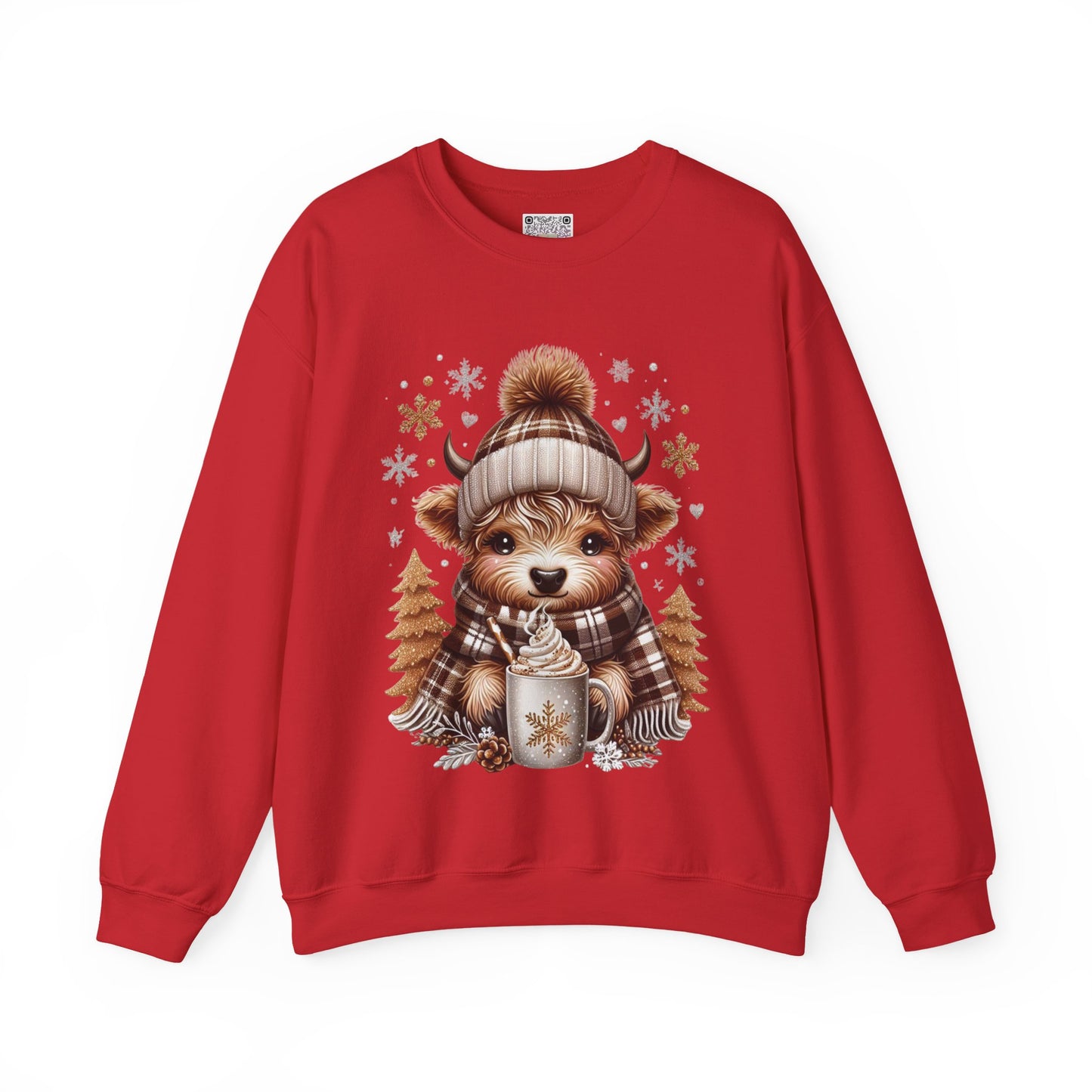 Cute Winter Cow Sweatshirt – Cozy Hot Cocoa Christmas Crewneck, Unisex Holiday Sweater, Festive Winter Animal Graphic Crewneck