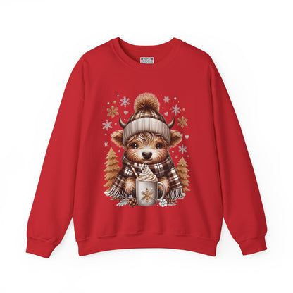 Cute Winter Cow Sweatshirt – Cozy Hot Cocoa Christmas Crewneck, Unisex Holiday Sweater, Festive Winter Animal Graphic Crewneck