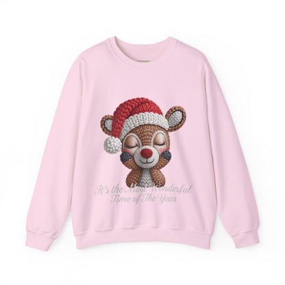 Cute Christmas Reindeer Crewneck Sweatshirt – “It’s the Most Wonderful Time of the Year” Unisex Holiday Pullover, Festive Reindeer in Santa Hat Sweater
