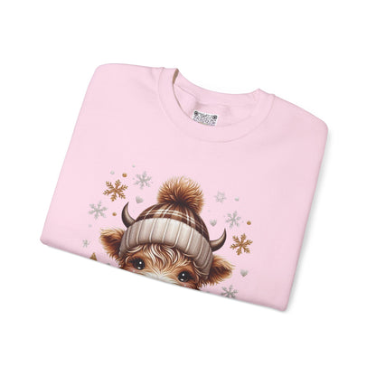 Cute Winter Cow Sweatshirt – Cozy Hot Cocoa Christmas Crewneck, Unisex Holiday Sweater, Festive Winter Animal Graphic Crewneck