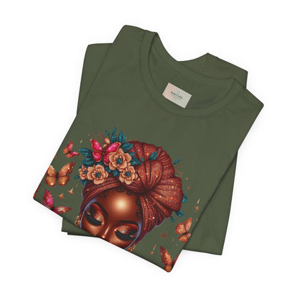 Women’s Tee — 'Prayer is my Superpower' Black Woman Graphic T‑Shirt, Butterfly Headwrap Art