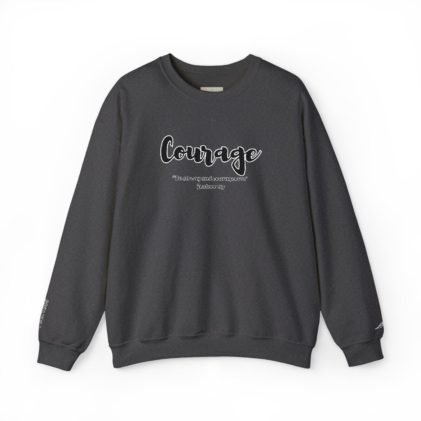 Courage Sweatshirt – “Be Strong and Courageous” Christian Crewneck, Inspirational Faith-Based Pullover, Cozy Unisex Apparel, Motivational Gift for Believers