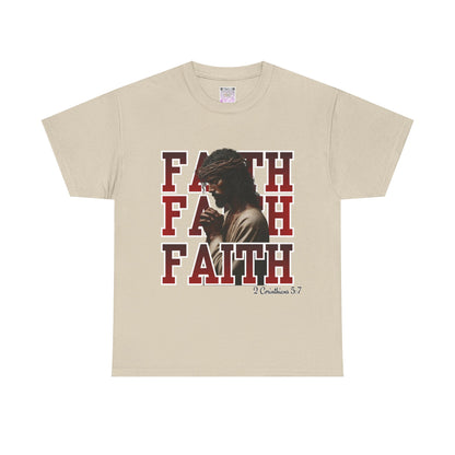 Faith Prayer T-Shirt – “Faith” with Praying Jesus Graphic, 2 Corinthians 5:7 Christian Tee, Inspirational Unisex Shirt, Spiritual Apparel