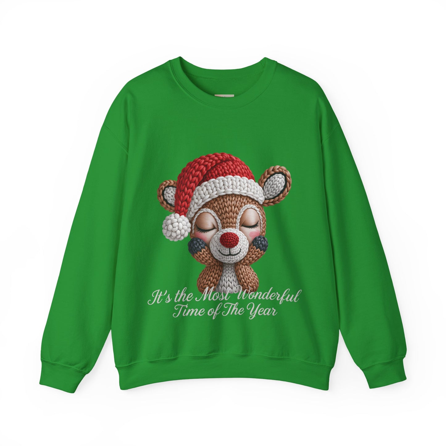 Cute Christmas Reindeer Crewneck Sweatshirt – “It’s the Most Wonderful Time of the Year” Unisex Holiday Pullover, Festive Reindeer in Santa Hat Sweater