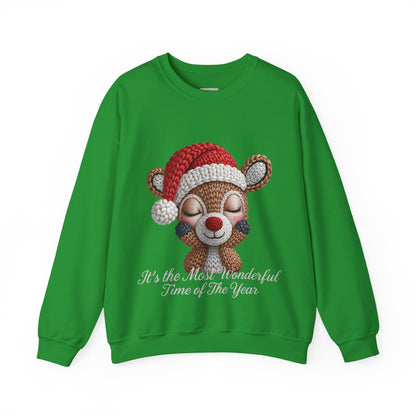 Cute Christmas Reindeer Crewneck Sweatshirt – “It’s the Most Wonderful Time of the Year” Unisex Holiday Pullover, Festive Reindeer in Santa Hat Sweater