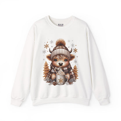 Cute Winter Cow Sweatshirt – Cozy Hot Cocoa Christmas Crewneck, Unisex Holiday Sweater, Festive Winter Animal Graphic Crewneck