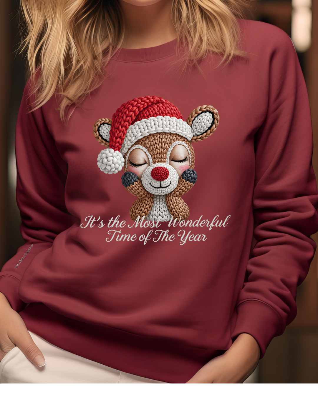 Cute Christmas Reindeer Crewneck Sweatshirt – “It’s the Most Wonderful Time of the Year” Unisex Holiday Pullover, Festive Reindeer in Santa Hat Sweater