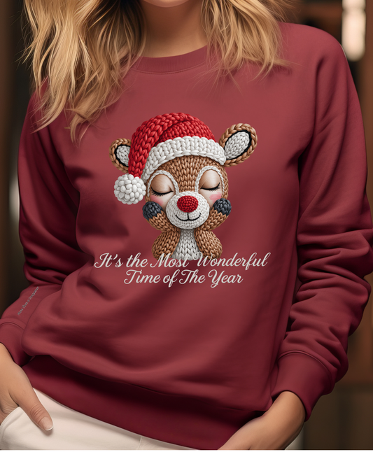 Cute Christmas Reindeer Crewneck Sweatshirt – “It’s the Most Wonderful Time of the Year” Unisex Holiday Pullover, Festive Reindeer in Santa Hat Sweater