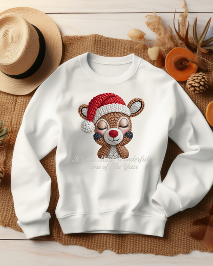 Cute Christmas Reindeer Crewneck Sweatshirt – “It’s the Most Wonderful Time of the Year” Unisex Holiday Pullover, Festive Reindeer in Santa Hat Sweater
