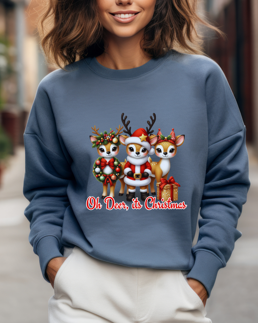 Oh Deer, It’s Christmas Reindeer Sweatshirt – Cute Holiday Crewneck, Unisex Christmas Sweater, Festive Winter Apparel, Cozy Gift for Men & Women