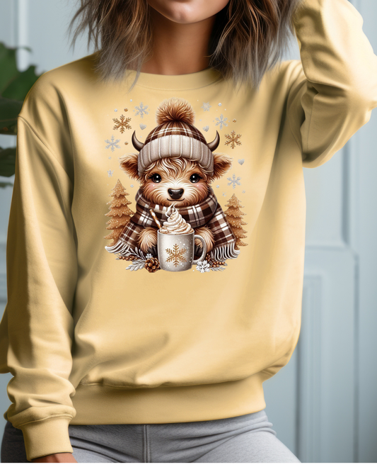 Cute Winter Cow Sweatshirt – Cozy Hot Cocoa Christmas Crewneck, Unisex Holiday Sweater, Festive Winter Animal Graphic Crewneck