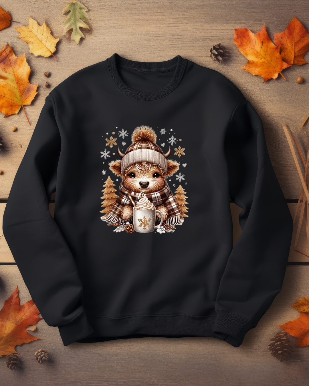 Cute Winter Cow Sweatshirt – Cozy Hot Cocoa Christmas Crewneck, Unisex Holiday Sweater, Festive Winter Animal Graphic Crewneck