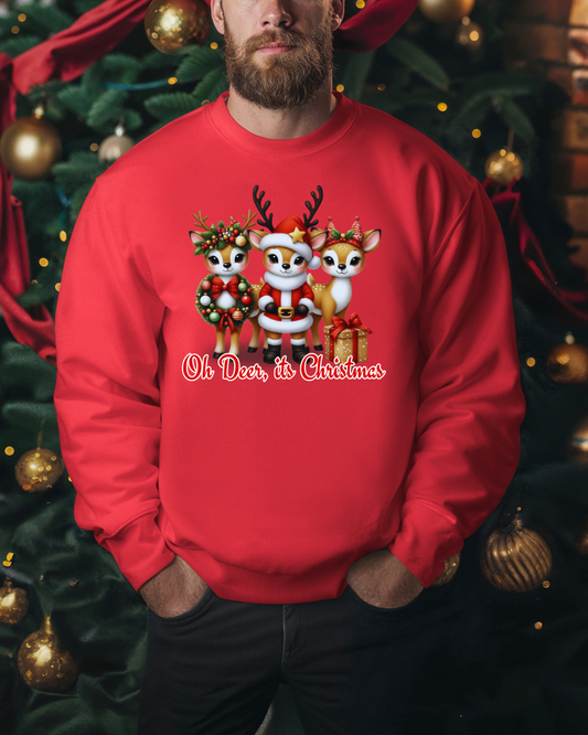 Oh Deer, It’s Christmas Sweatshirt – Funny Holiday Crewneck, Cozy Unisex Christmas Sweater, Cute Reindeer Design, Festive Gift for Her or Him