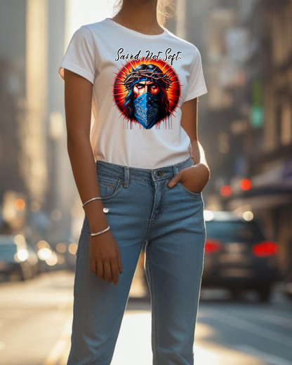 Saved Not Soft T-Shirt – Christian Graphic Tee with Jesus Face Bandana Design, Unisex Faith Apparel, Bold Inspirational Shirt for Believers