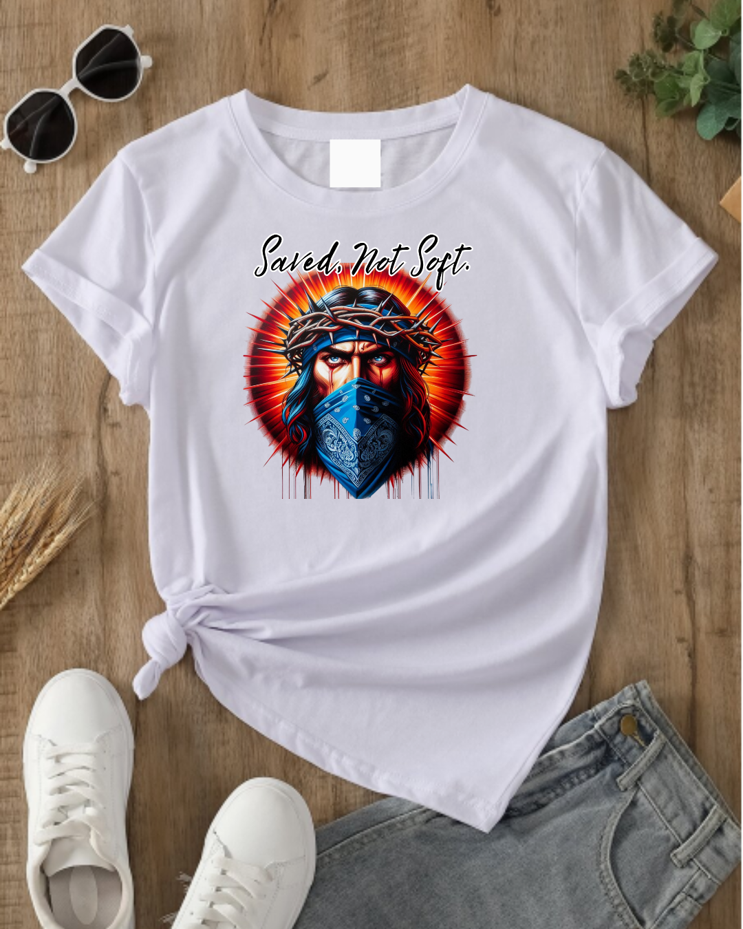 Saved Not Soft T-Shirt – Christian Graphic Tee with Jesus Face Bandana Design, Unisex Faith Apparel, Bold Inspirational Shirt for Believers