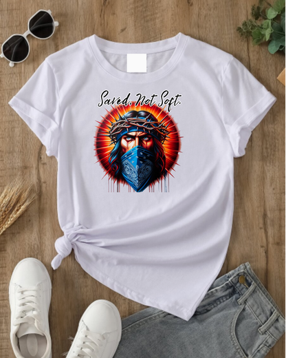 Saved Not Soft T-Shirt – Christian Graphic Tee with Jesus Face Bandana Design, Unisex Faith Apparel, Bold Inspirational Shirt for Believers