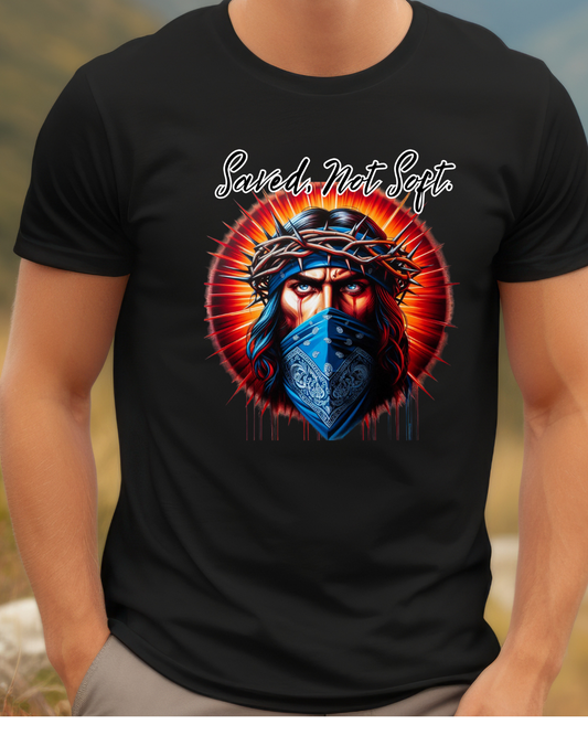 Saved Not Soft T-Shirt – Christian Graphic Tee with Jesus Face Bandana Design, Unisex Faith Apparel, Bold Inspirational Shirt for Believers