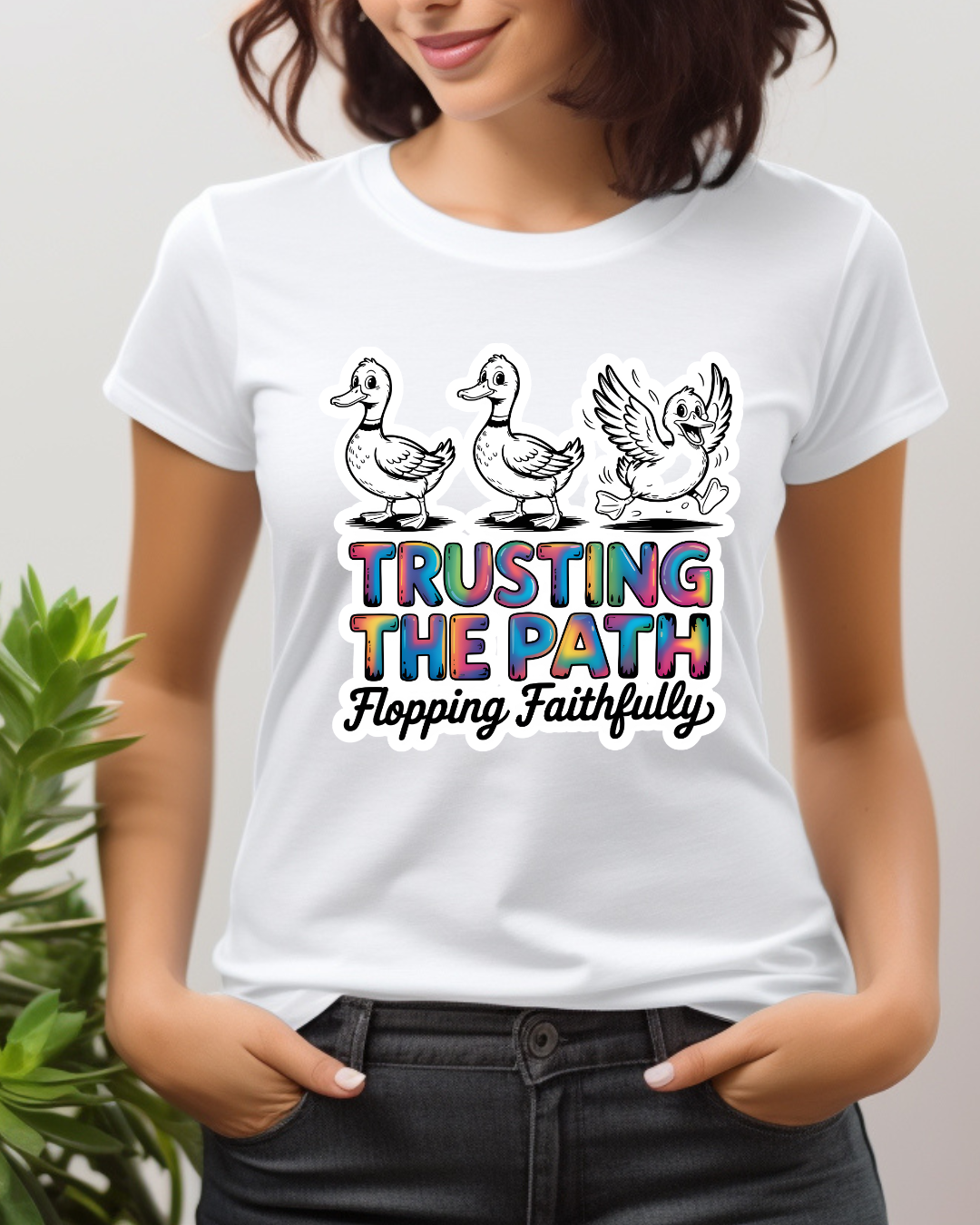 Trusting the Path Duck Graphic Tee – “Flapping Faithfully” Unisex Inspirational T-Shirt, Faith-Based Apparel, Motivational Christian Tee