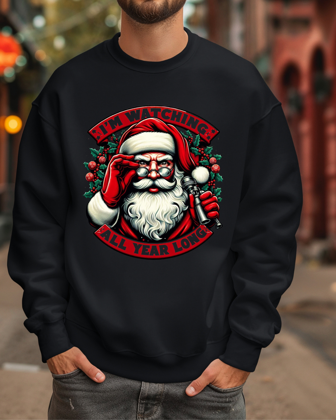 Santa “I’m Watching All Year Long” Sweatshirt – Funny Christmas Unisex Heavy Blend™ Crewneck, Festive Holiday Sweater, Cozy Winter Apparel