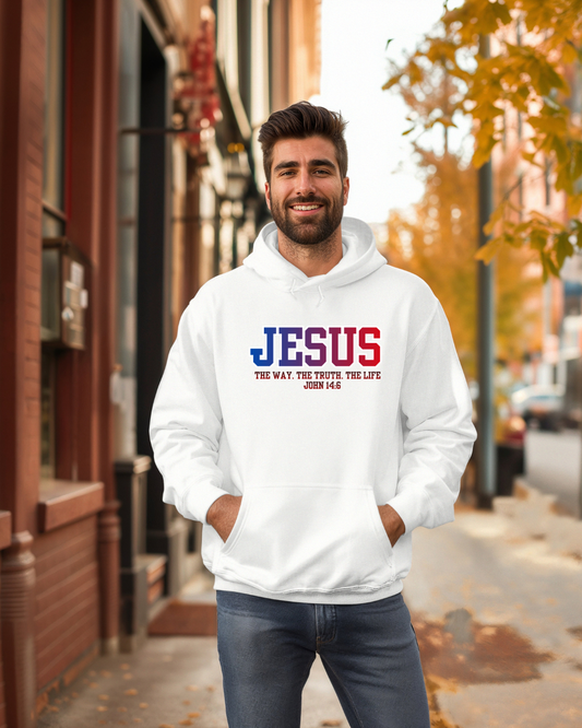 Jesus Hoodie — “The Way, The Truth, The Life” John 14:6 Christian Pullover, Faith Hoodie, Inspirational Bible Verse Sweatshirt, Unisex Religious Apparel