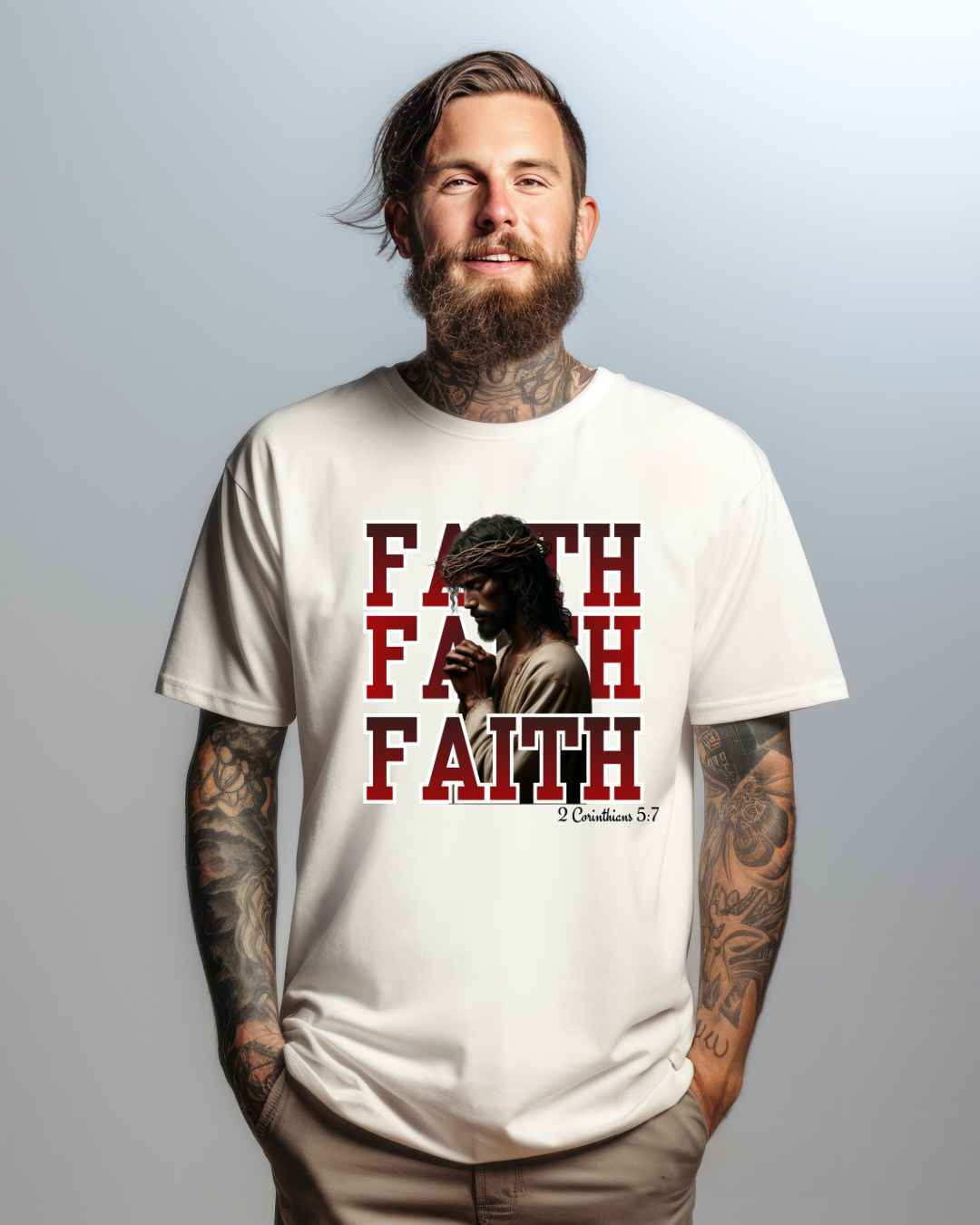 Faith Prayer T-Shirt – “Faith” with Praying Jesus Graphic, 2 Corinthians 5:7 Christian Tee, Inspirational Unisex Shirt, Spiritual Apparel
