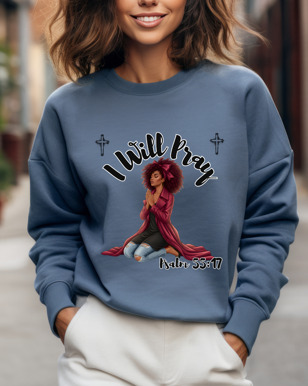 I Will Pray Psalm 55:17 Sweatshirt — Black Woman Kneeling Faith Crewneck, Inspirational Christian Apparel, Prayer Warrior Sweater, Unisex Spiritual Pullover