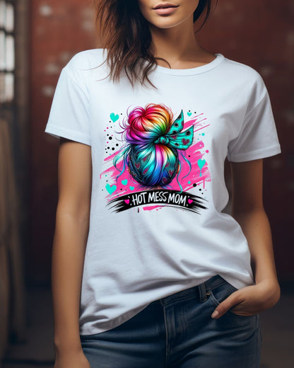 Colorful Hot Mess Mom Tee - Fun Gift, Casual Wear, Mother's Day, Parenting Humor, Family Gatherings