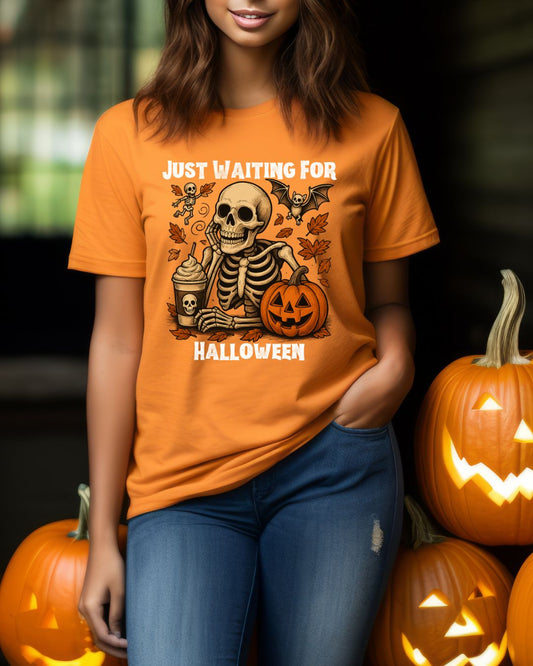 Halloween Skeleton Tee, Spooky T-Shirt, Fall Shirt, Unisex Halloween Apparel, Pumpkin and Skeleton Design